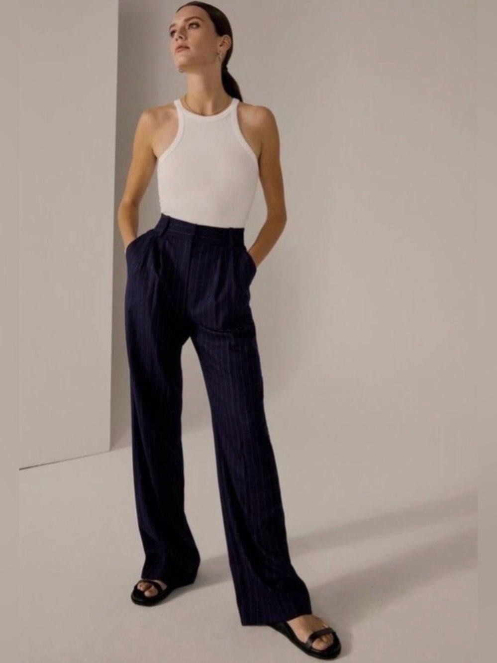 Anthropologie Favorite Daughter Navy Pinstripe Wide Leg High Rise Trouser Pants - Picture 3 of 8